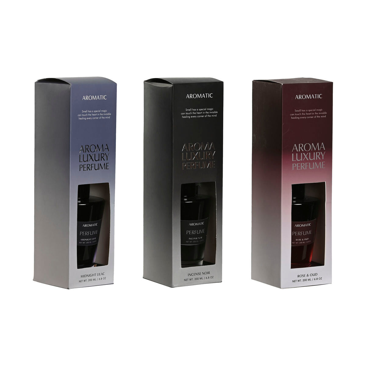Huonetuoksu 200 ml 3 kpl diffuuseri lasipulloissa - sininen, musta, ruusu