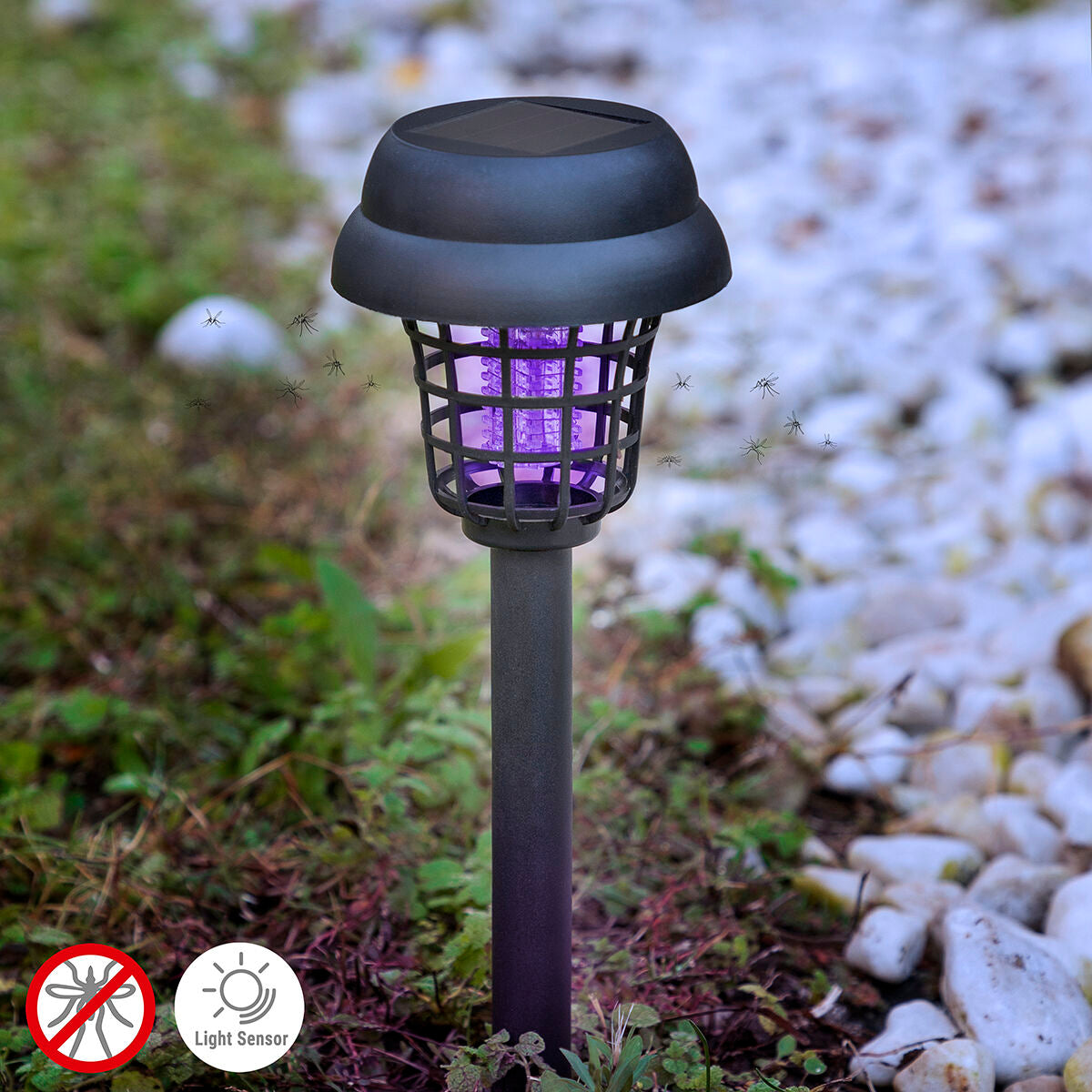 Hyttysansa aurinkokennolla, UV-puutarhalamppu IP44 automaattisella sensorilla