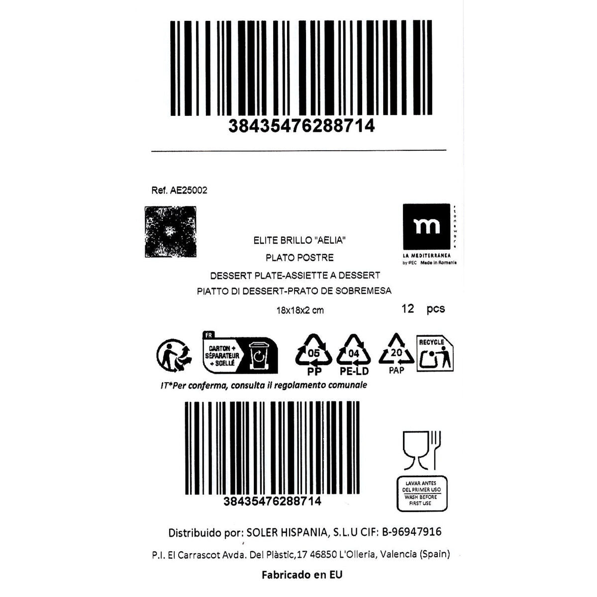 Jälkiruokalautaset 18 x 18 x 2 cm, 12 kpl - Aelia La Mediterránea sarja
