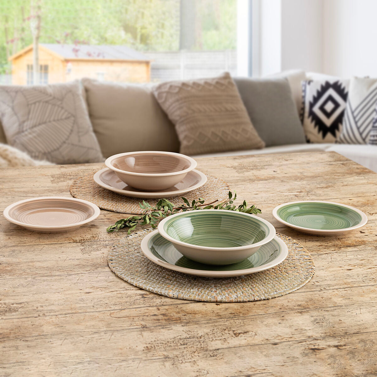 Jälkiruokalautaset 12 kpl Ø 19 cm, pinottavat vihreät, keramiikka, astiasto