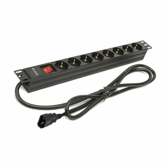 Jatkojohto 8-pistoketta kytkimellä 2 m, 16 A, 250 V, C14, 1U rack, musta metalli