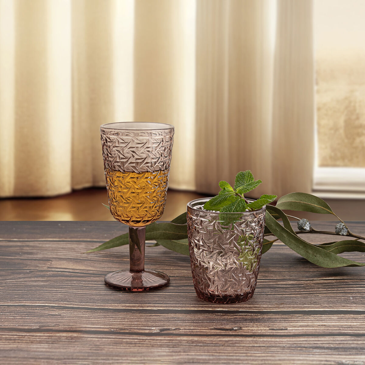 Juomalasit 300 ml, 6 kpl - vaaleanpunaiset kuvioidut lasit arkeen & juhlaan