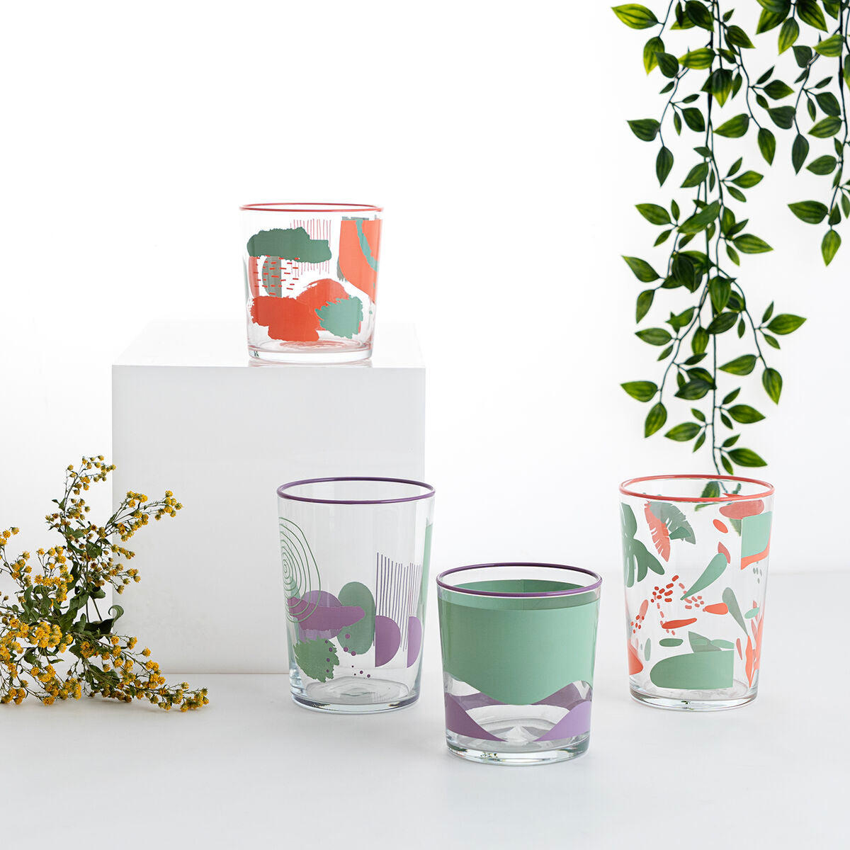 Juomalasit 380 ml, 6 kpl, monivärinen abstrakti lasi kotikeittiöön & juhlaan