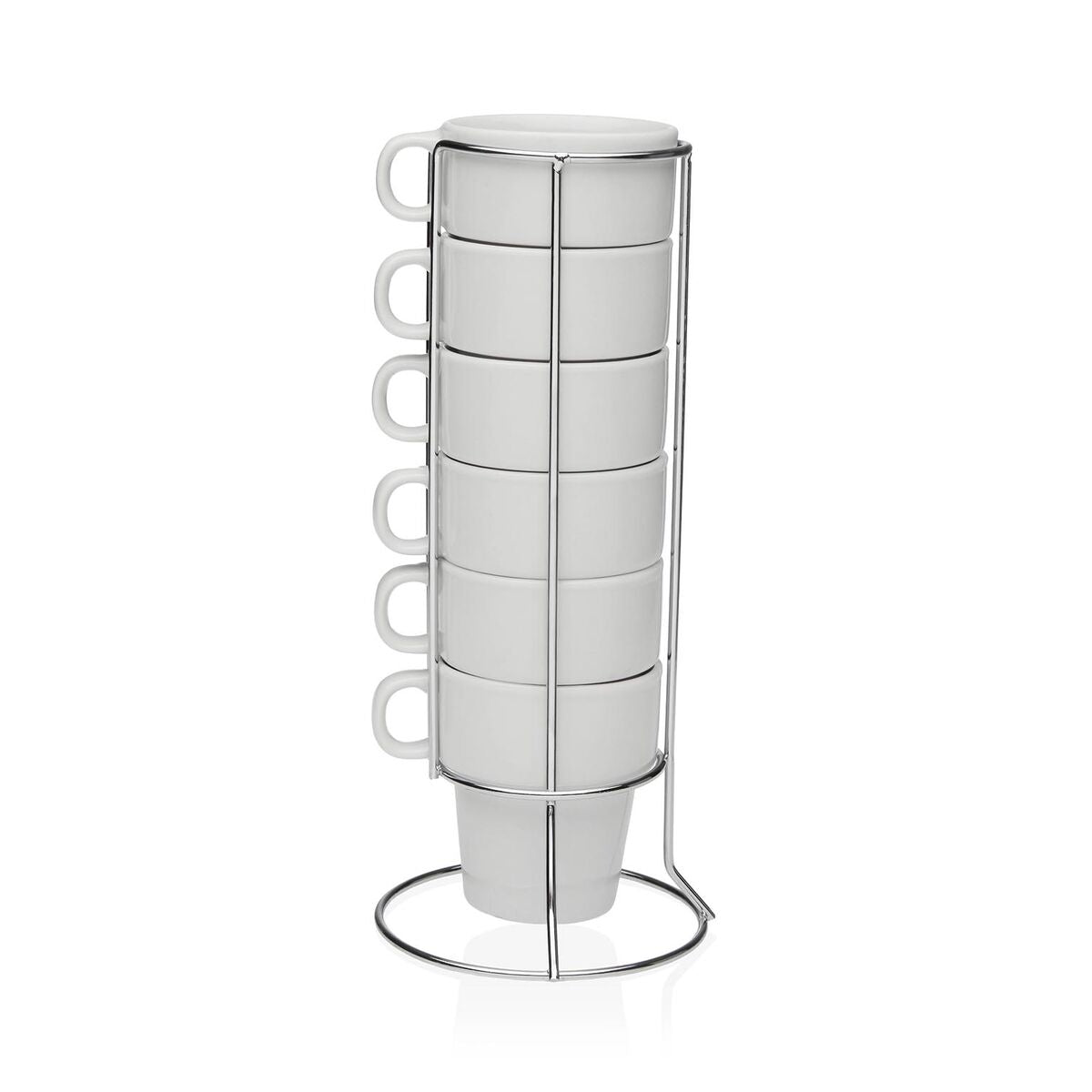 Kahvikuppisetti 6 kpl posliinia, valkoinen telineellä