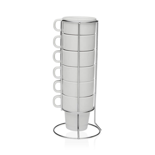 Kahvikuppisetti 6 kpl posliinia, valkoinen telineellä