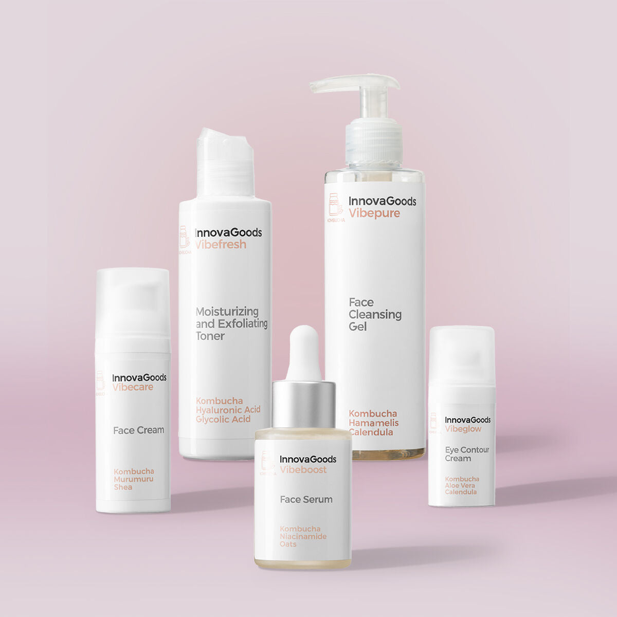 Kasvojen hoitopaketti kombucha, vegaaninen 5-osainen setti kaikille ihotyypeille