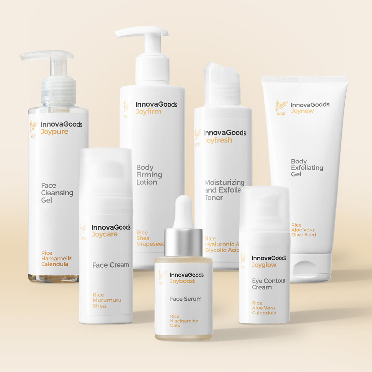 Kasvojen & vartalon rutiinipaketti riisi, vegaaninen 7-os., päivittäiseen hoitoon