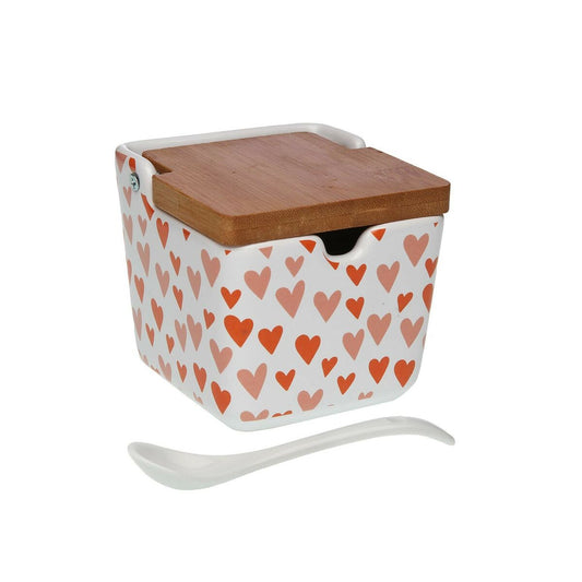 Sokeriastia keraaminen, bambukansi - sydänkuvio, lusikka 8,8 x 8,5 x 8,8 cm