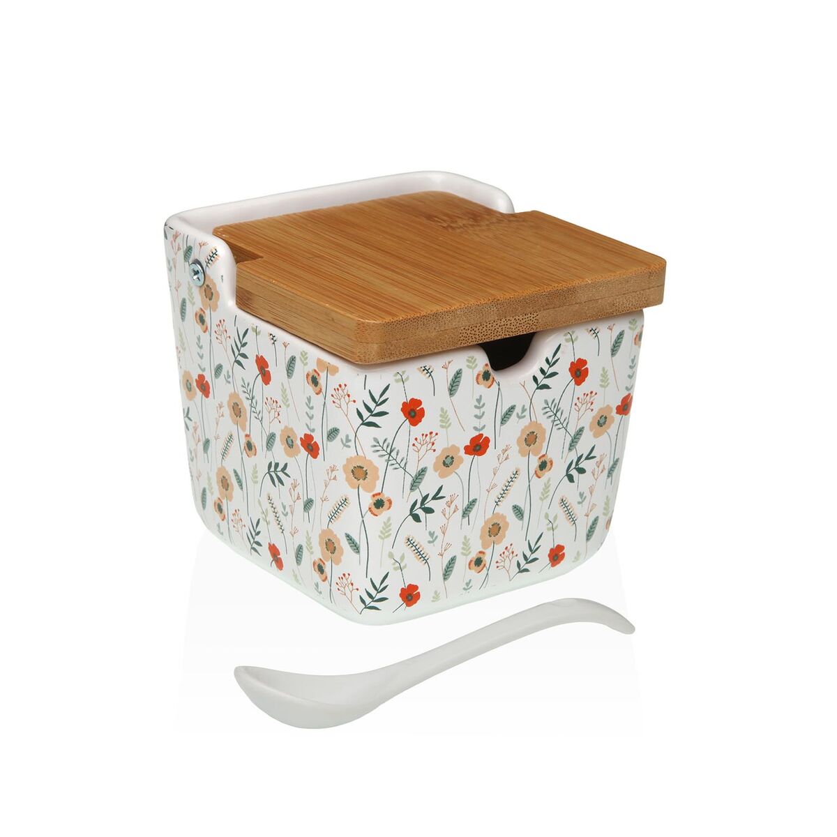 Sokeriastia keraaminen, bambukansi, monivärinen kukkakuvio 8,8×8,5×8,8 cm