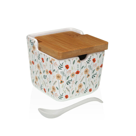 Sokeriastia keraaminen, bambukansi, monivärinen kukkakuvio 8,8×8,5×8,8 cm