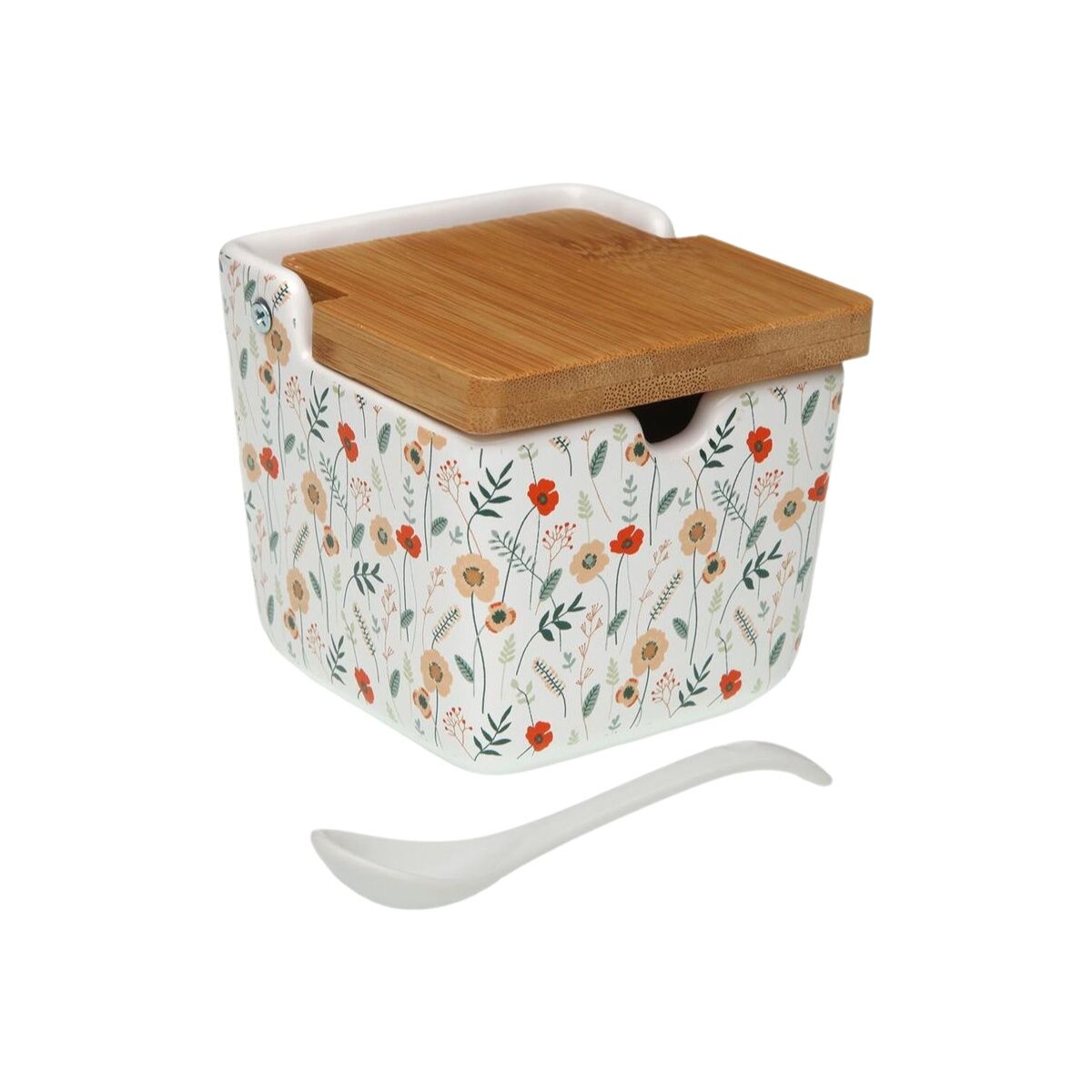 Sokeriastia keraaminen, bambukansi, monivärinen kukkakuvio 8,8×8,5×8,8 cm