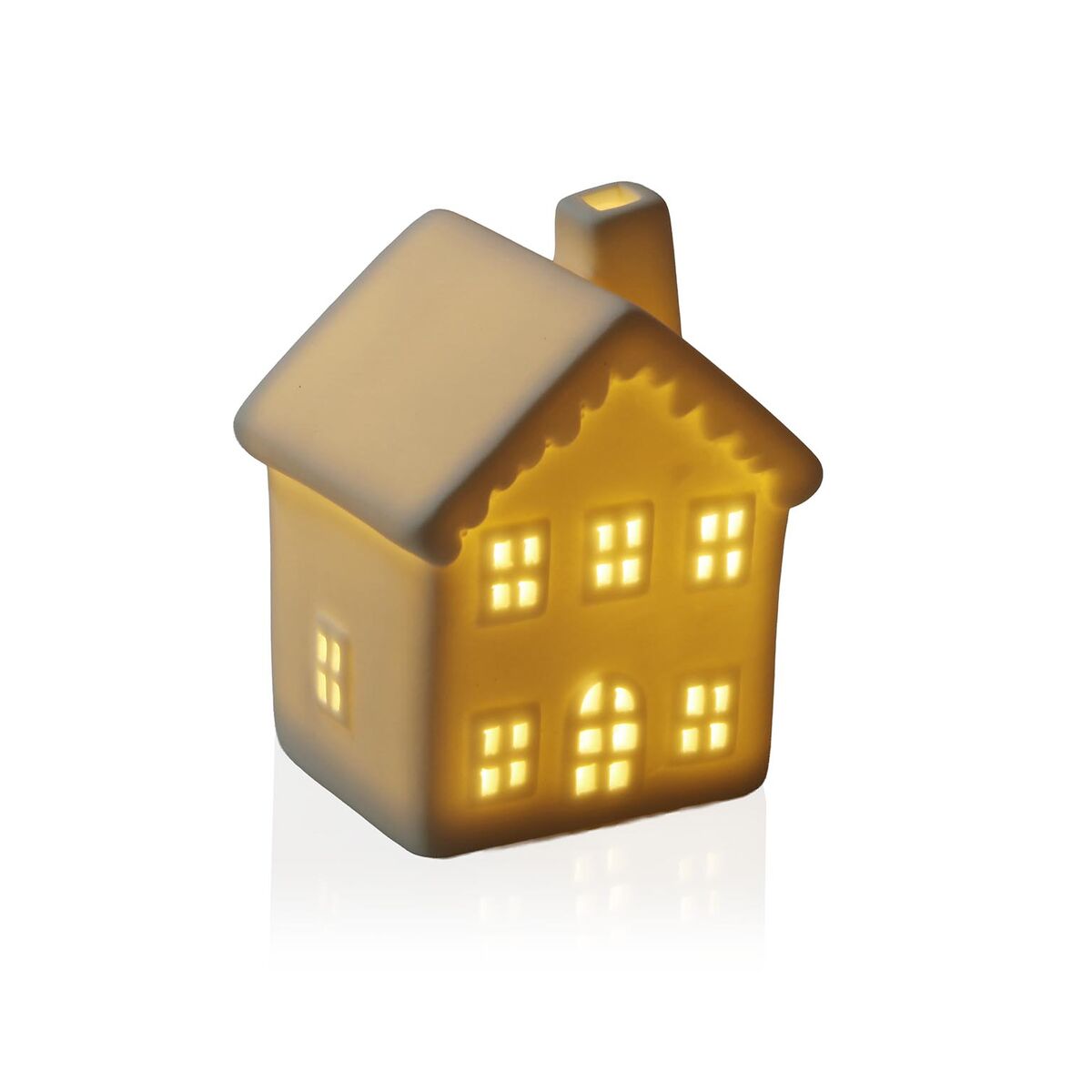 Koristehahmo keraaminen talo, LED-valo, valkoinen pöytäkoriste 5,8×8×6,7 cm