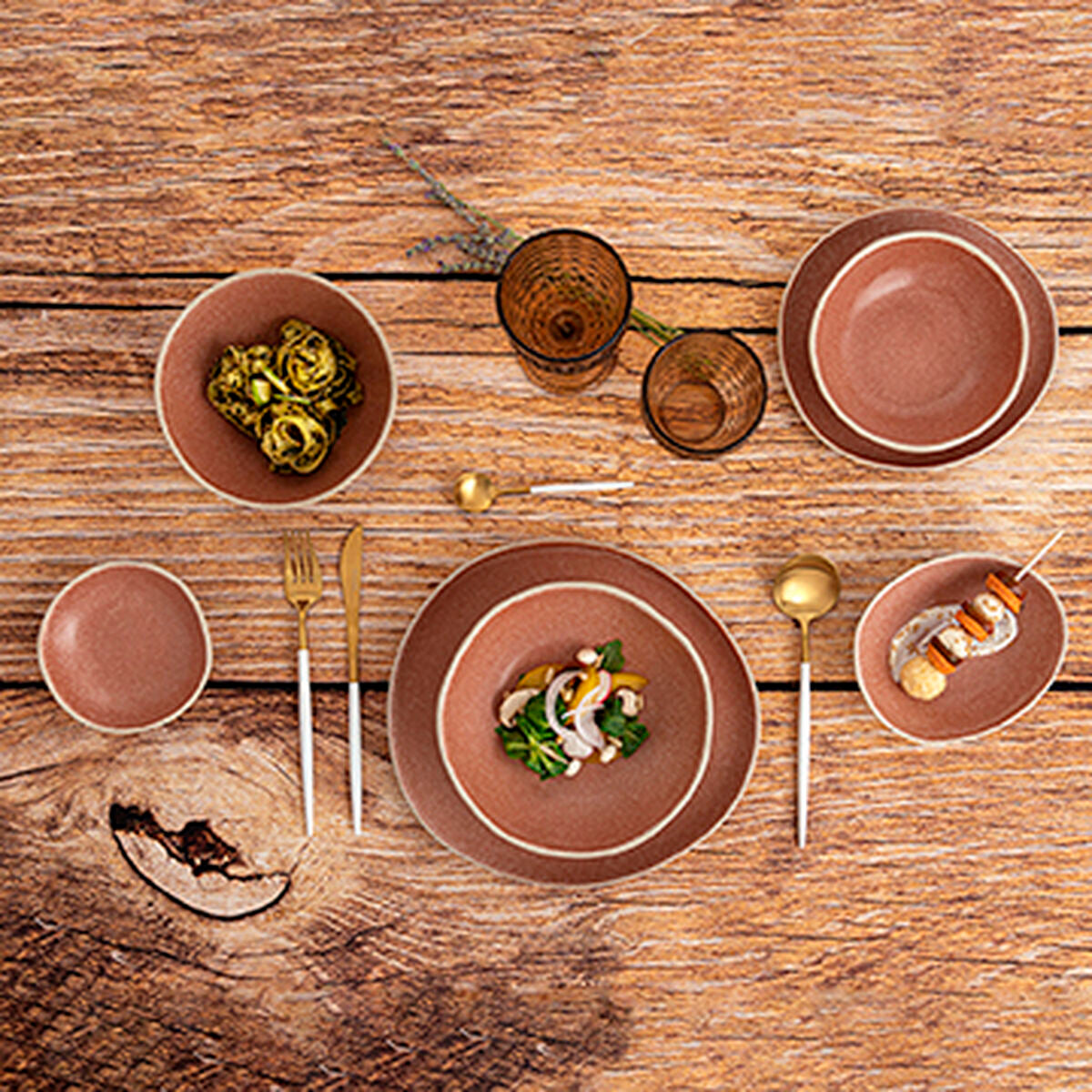 Lautanen 20 cm, keramiikka ruskea relief, 6 kpl setti, tarjoiluun & arkeen
