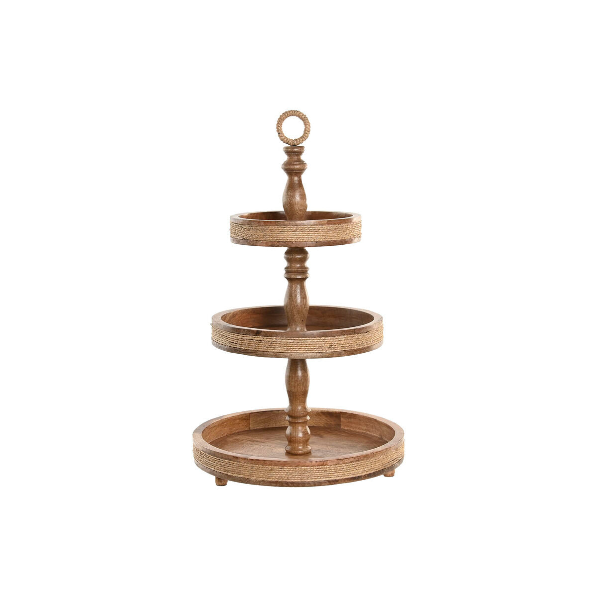 Kolmitasoinen tarjoiluvati mangopuusta 38x38x63 cm, ruskea köysi, keskipöydälle