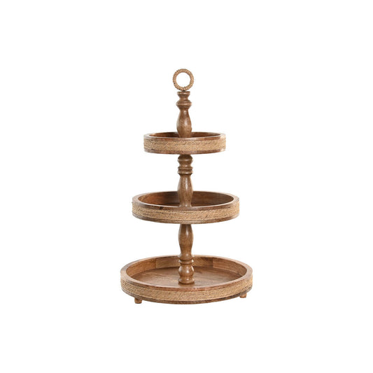 Kolmitasoinen tarjoiluvati mangopuusta 38x38x63 cm, ruskea köysi, keskipöydälle