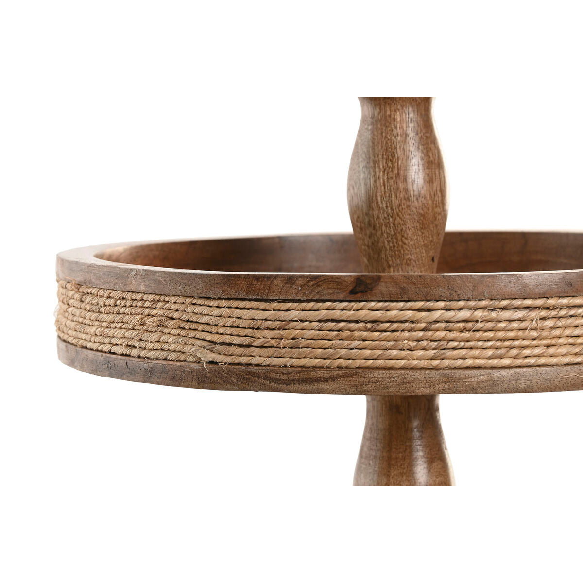 Kolmitasoinen tarjoiluvati mangopuusta 38x38x63 cm, ruskea köysi, keskipöydälle