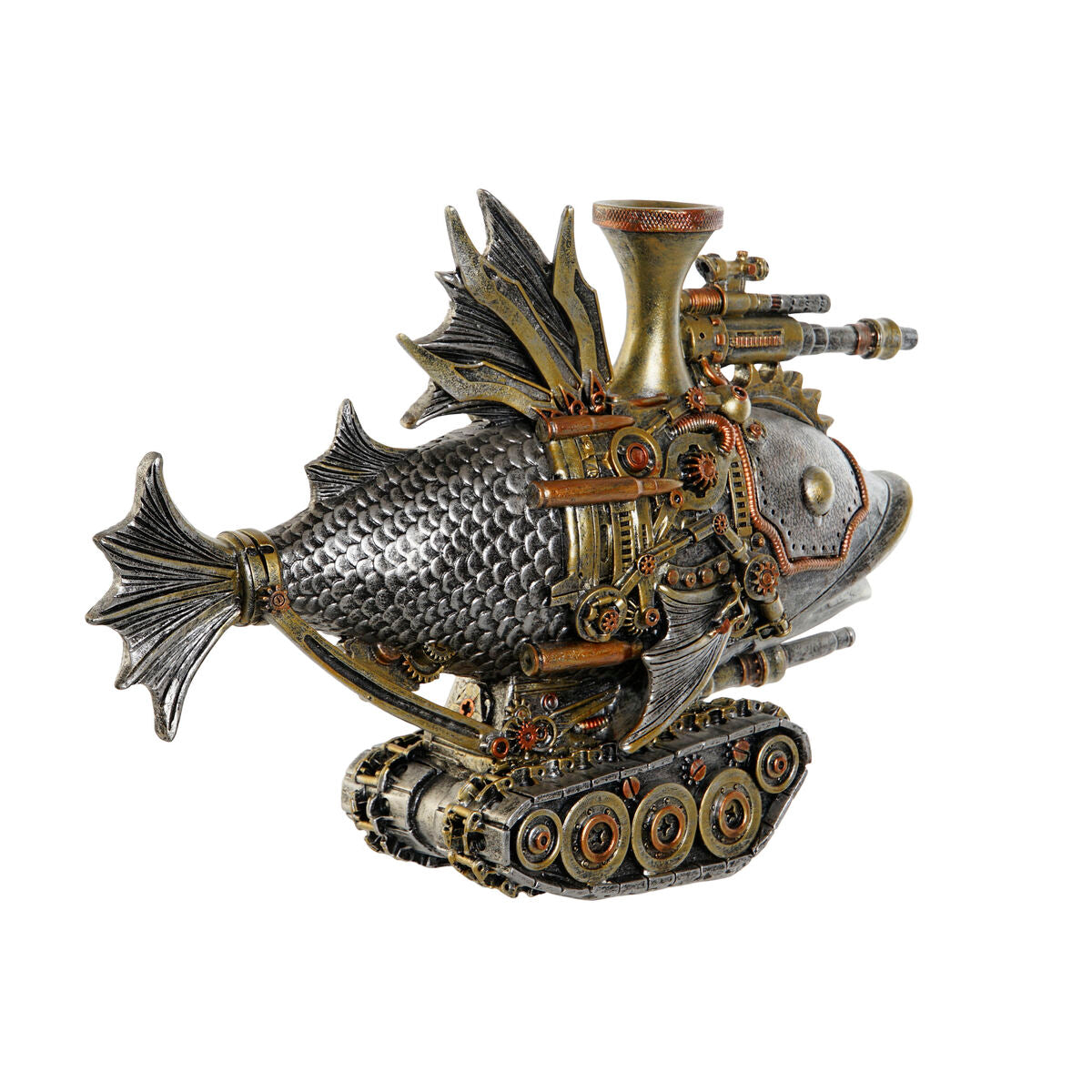 Koristefiguuri kala - steampunk, harmaa & monivärinen hartsi 31,5 x 9 x 22 cm