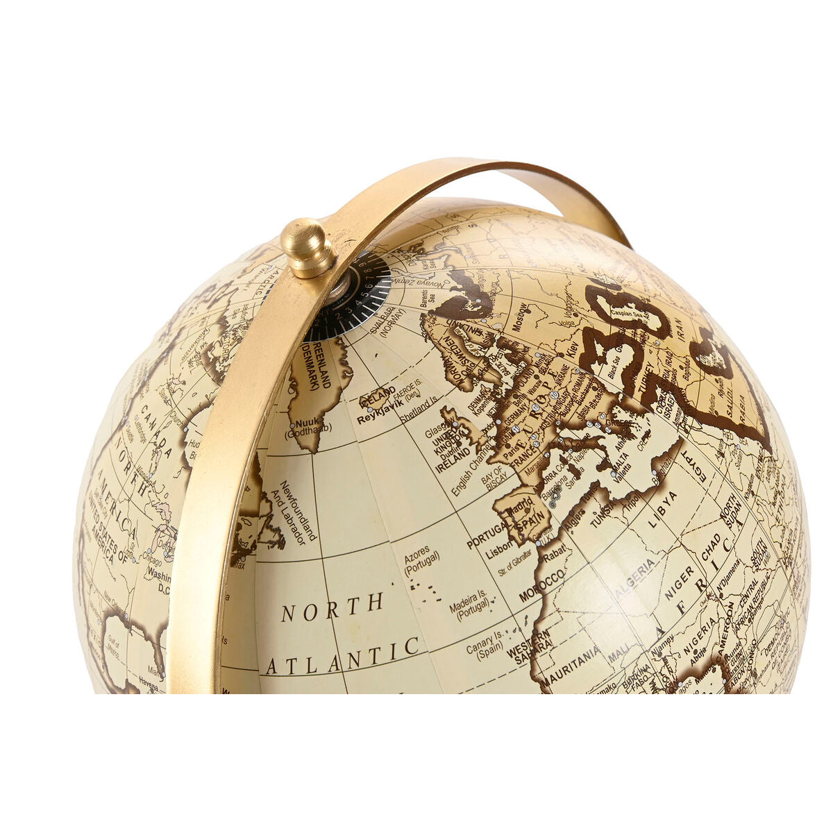 Karttapallo kullattu tripodijalustalla, siirtomaistyyli koristepallo olohuoneeseen