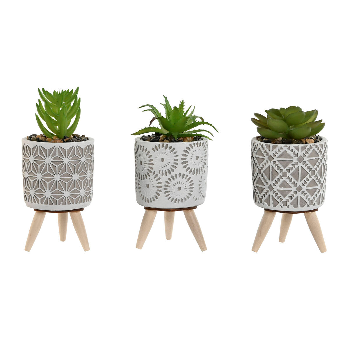 Koristekasvi 3 kpl, polyeteeni-sementtipotti 6,5×6,5×11 cm, puujaloilla, pöydälle