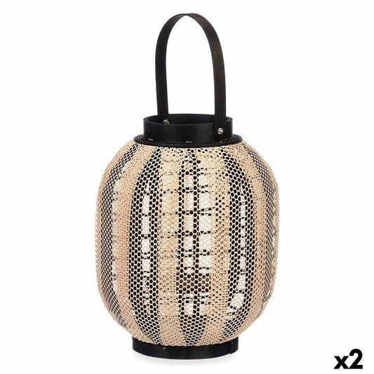 Lyhty puu & lasi, musta ja beige, kangas, kahvalla, 27 x 32 x 27 cm, sis. 2 kpl