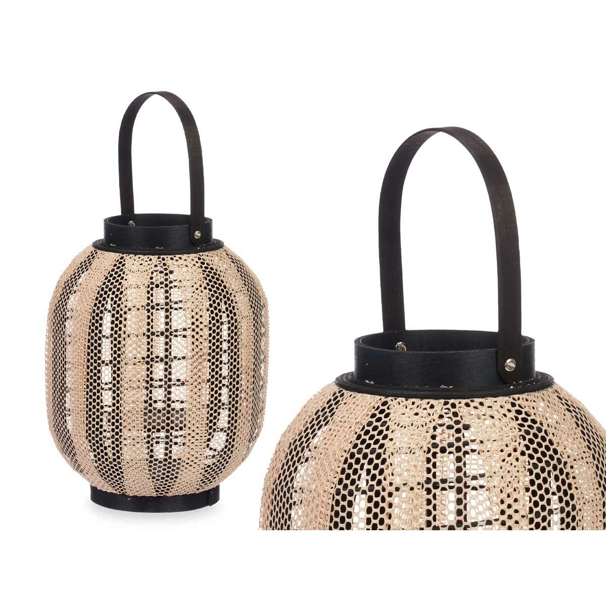 Lyhty puu & lasi, musta ja beige, kangas, kahvalla, 27 x 32 x 27 cm, sis. 2 kpl