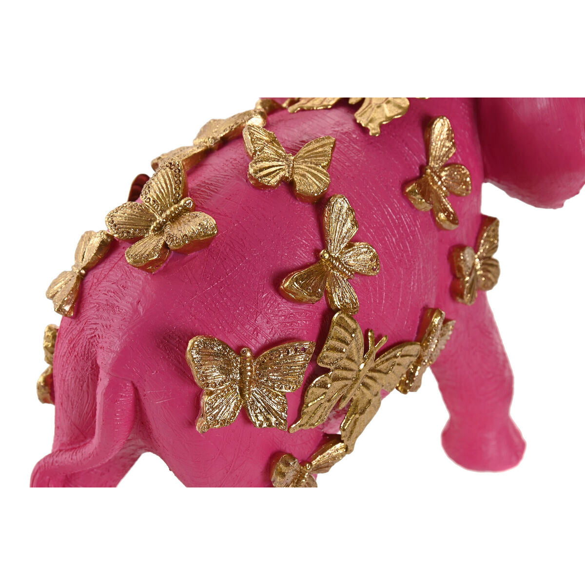 Koristehahmo norsu fuksia, kultaperhosilla, resiini 26 x 13,5 x 19 cm