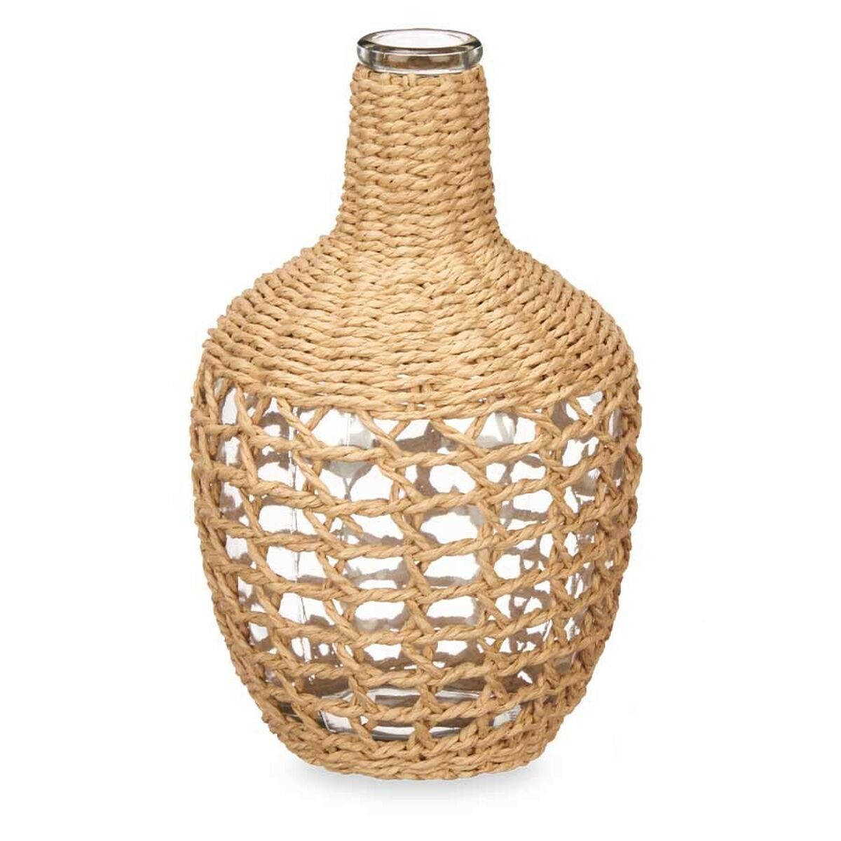 Koristepullo lasia, punottu luonnonköysi ulkokuori 17×31 cm, 4 kpl, boho kotiin