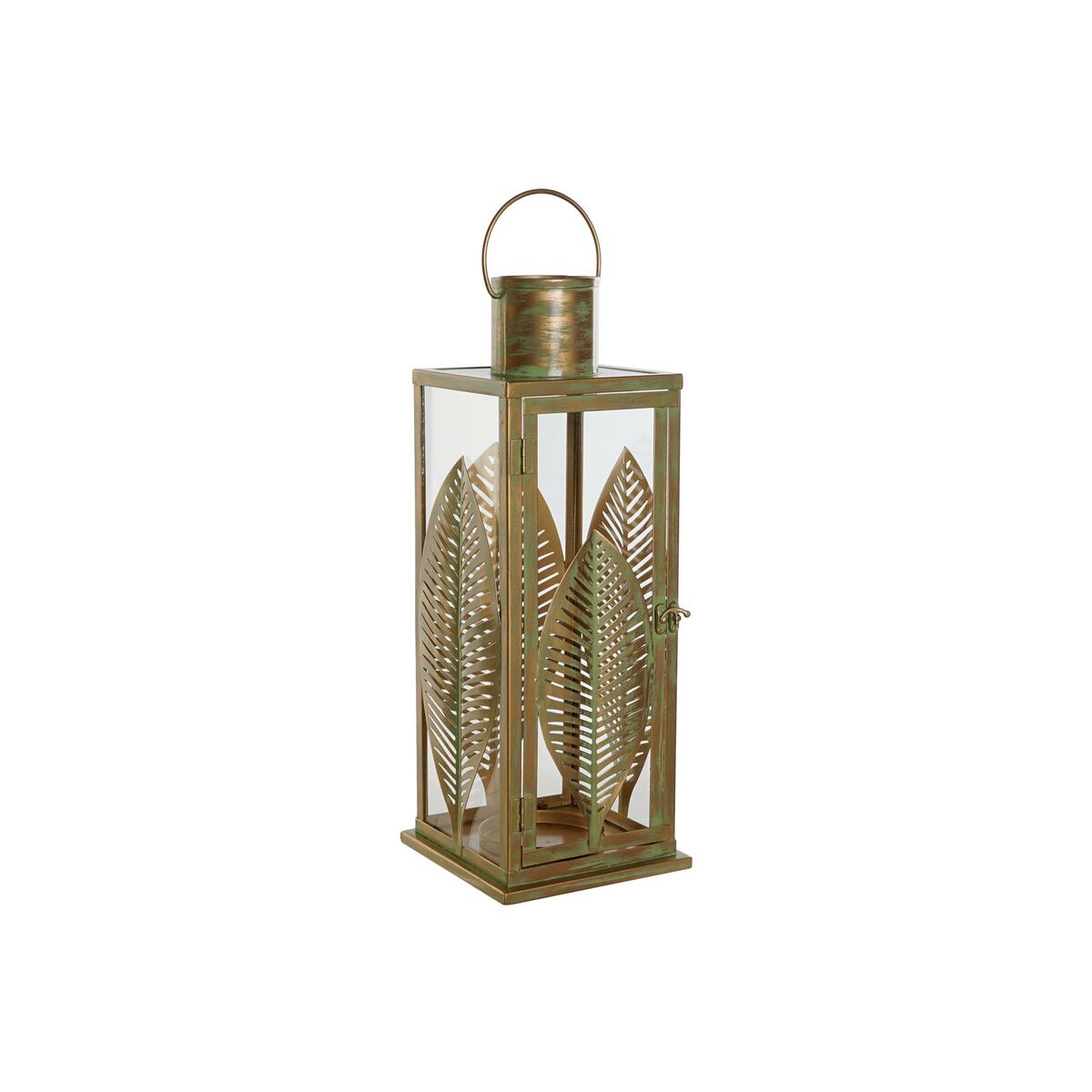 Metallinen lyhty lehtikuvio, kullattu 16,5 x 16,5 x 50 cm, sisustukseen