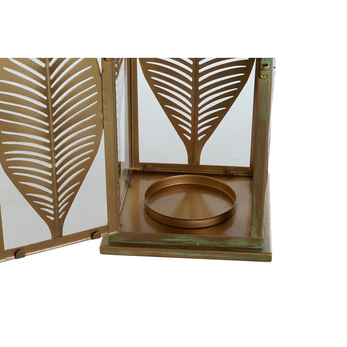 Metallinen lyhty lehtikuvio, kullattu 16,5 x 16,5 x 50 cm, sisustukseen