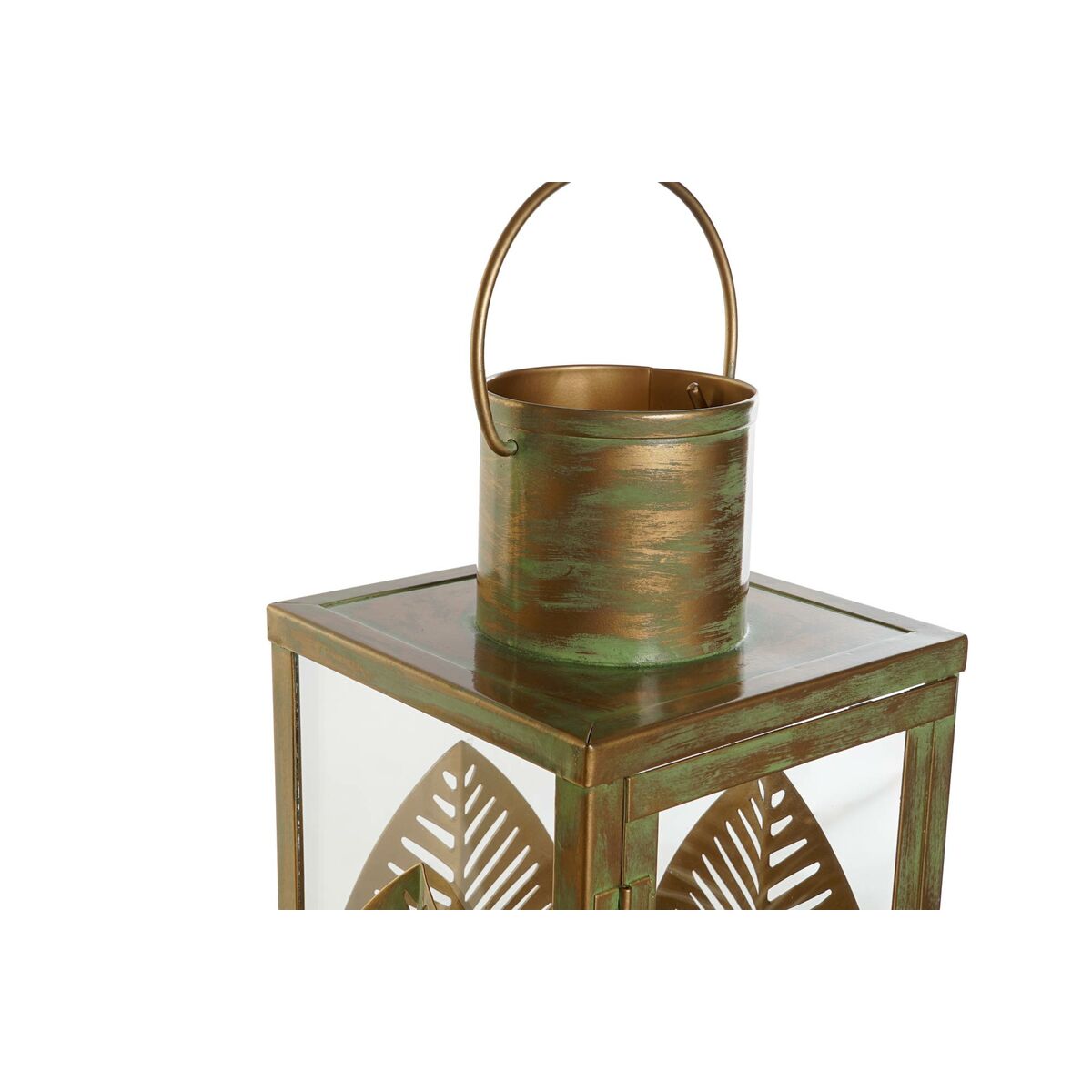 Metallinen lyhty lehtikuvio, kullattu 16,5 x 16,5 x 50 cm, sisustukseen