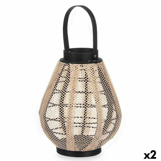 Kynttilälyhty beige-musta 25 x 30 x 25 cm, puu & lasi, kahvallinen 2 kpl sisälle