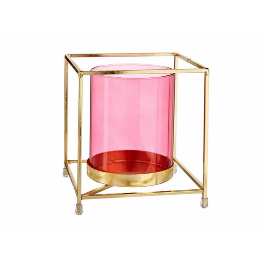 Kynttilänjalka neliö pinkki lasi, kullattu metallikehys 14 x 15,5 x 14 cm