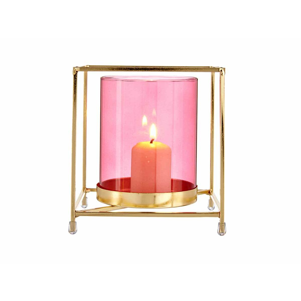 Kynttilänjalka neliö pinkki lasi, kullattu metallikehys 14 x 15,5 x 14 cm