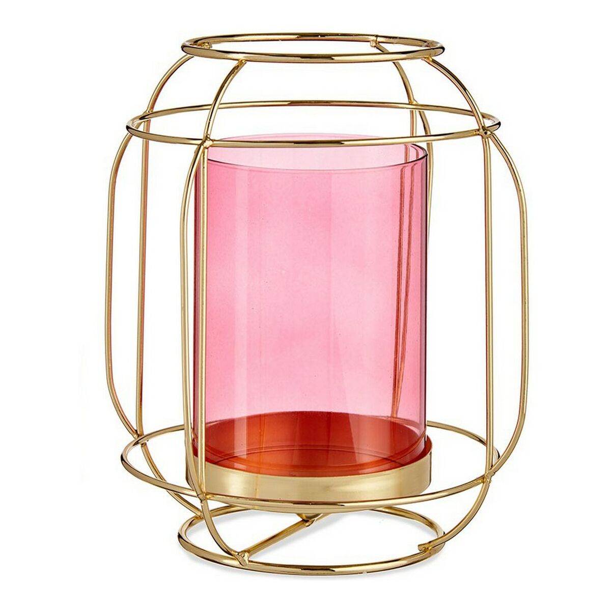 Kynttilänjalka pinkki lasi, kullattu metallirunko lyhty 19×20×19 cm