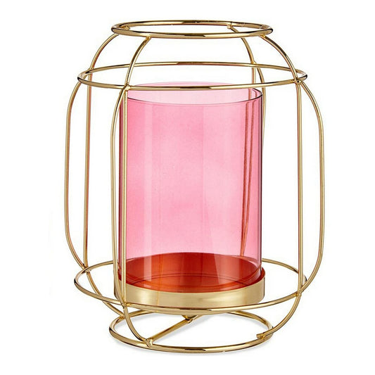 Kynttilänjalka pinkki lasi, kullattu metallirunko lyhty 19×20×19 cm