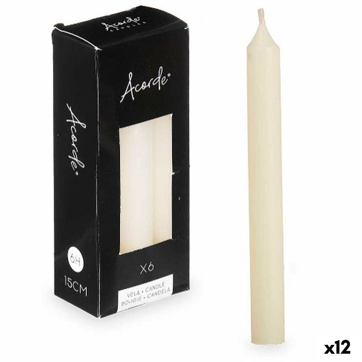 Kynttilät 15 cm kerma, 12 kpl, n. 6 h polttoaika - 2x2x15 & 6x15x4 cm parafiini