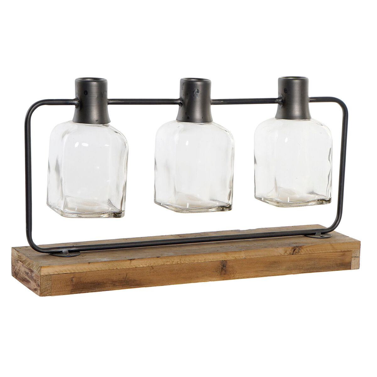 Maljakko 3-osainen, lasipullot metallirungossa & paolownia-puu 49 x 11 x 27 cm