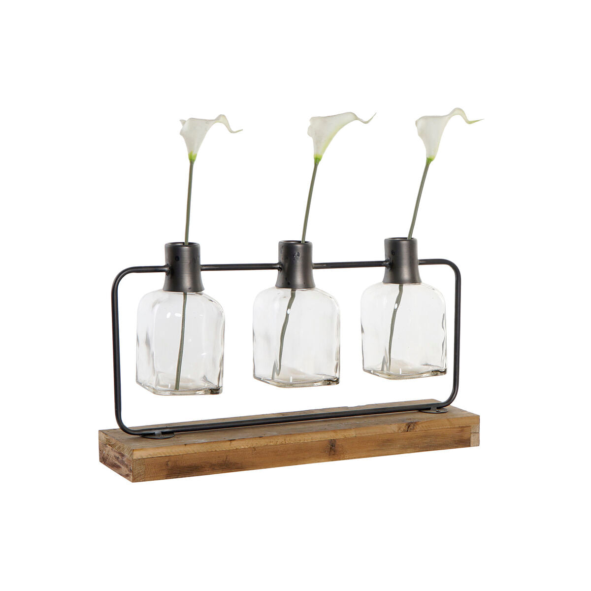 Maljakko 3-osainen, lasipullot metallirungossa & paolownia-puu 49 x 11 x 27 cm