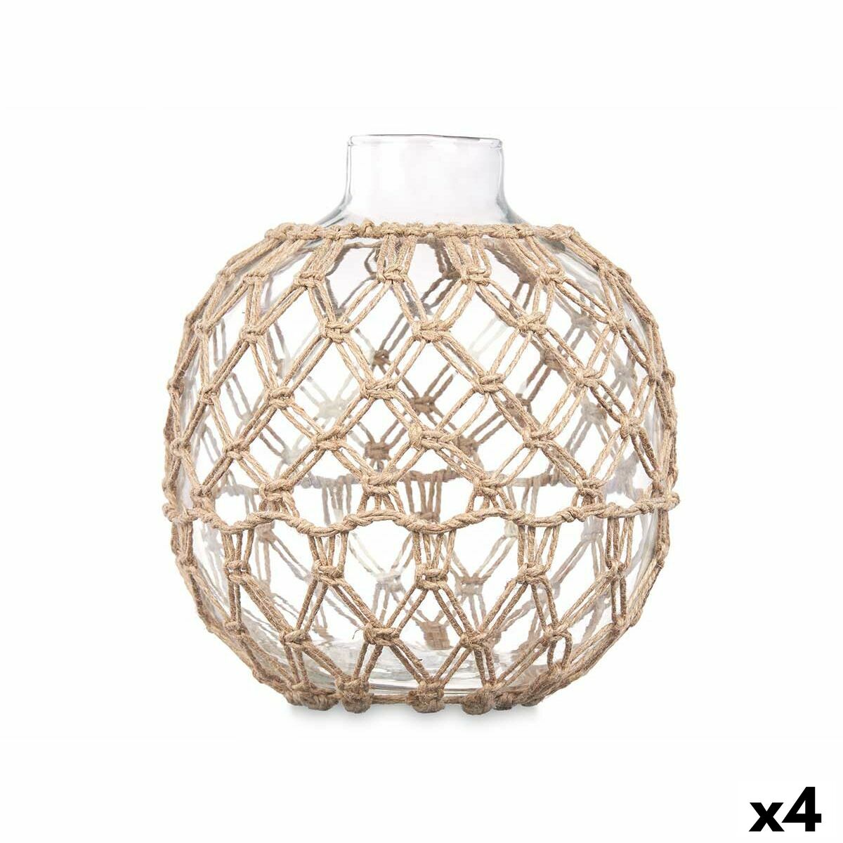 Lasimaljakko makramee-verkolla, läpinäkyvä lasi 21×23 cm, juuttinaru, 4 kpl