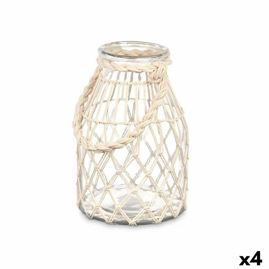 Lasinen kynttilälyhty köydellä 17 x 25 cm, sisältää 4 kpl, läpinäkyvä valkoinen