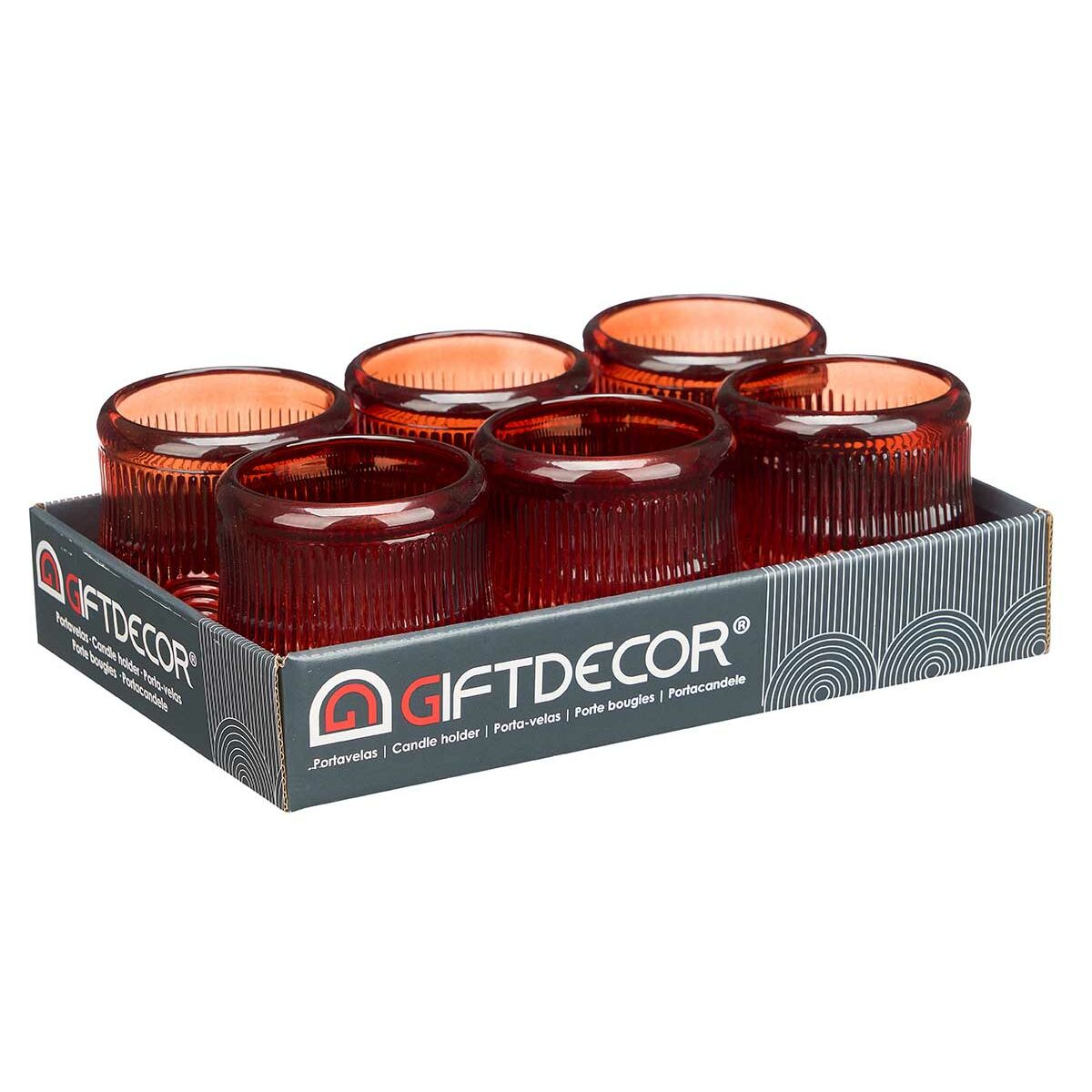 Kynttilänjalka lasinen oranssi raidallinen sisustukseen 9 x 9,5 x 9 cm, 12 kpl