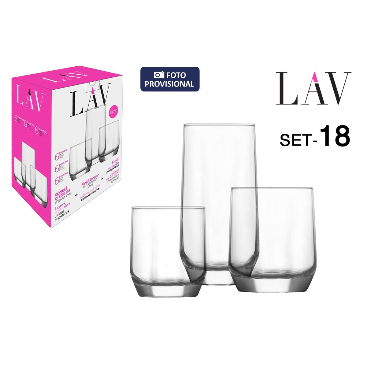 Lasisetti 18 osaa, 310/385/215 ml juomalasit - 2 kpl pakkaus, Diamond-malli