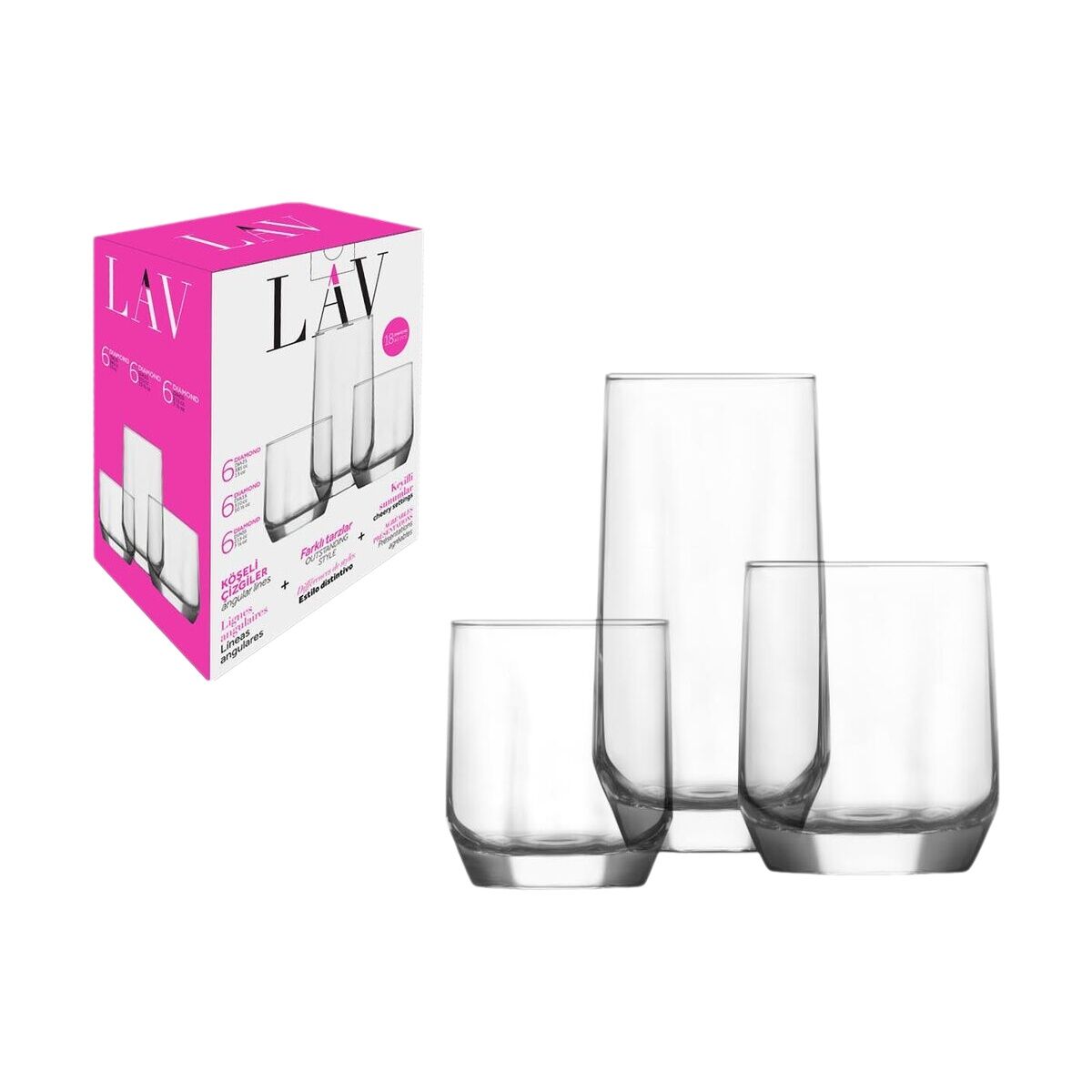 Lasisetti 18 osaa, 310/385/215 ml juomalasit - 2 kpl pakkaus, Diamond-malli