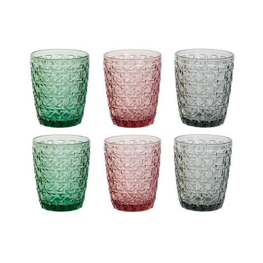 Lasisetti 6 kpl 240 ml, kohokuvioidut juomalasit vihreä harmaa pinkki