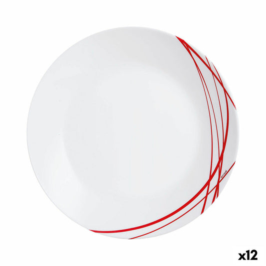 Lautanen 25 cm litteä lasinen, punavalkoinen koristakuosi, 12 kpl Domitille