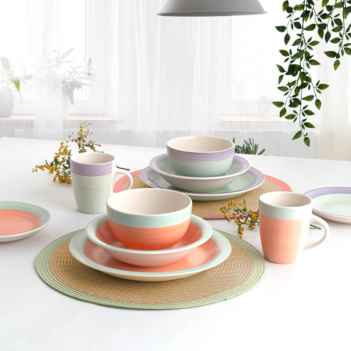 Lautanen 27 cm keramiikka, litteä - Kaleido vihreä & purppura, 12 kpl sarja