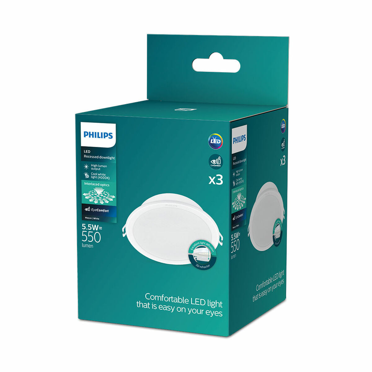 LED-alasvalo 5,5 W 500 lm 4000 K Ø9 cm, 3 kpl, valkoinen upotettava Philips
