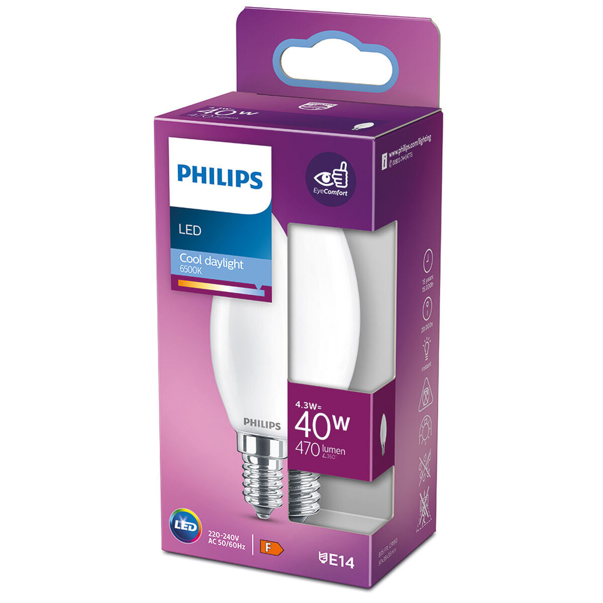 LED-lamppu E14 4,3W 470 lm 6500 K kynttilä, kylmävalkoinen, Philips 3,5×9,7 cm