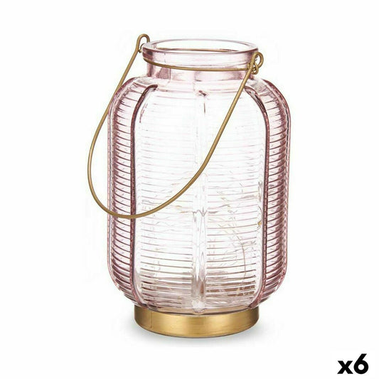 LED-lyhty pinkki lasi, kullatut raidat, 20 LED, paristo, 13,5×22×13,5cm, 6 kpl