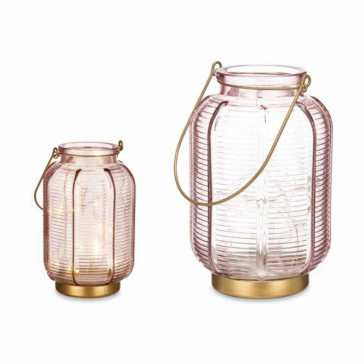 LED-lyhty pinkki lasi, kullatut raidat, 20 LED, paristo, 13,5×22×13,5cm, 6 kpl